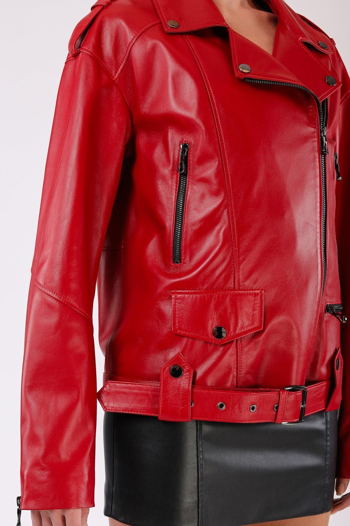 Kırmızı Oversize Biker Hakiki Deri CeketCeket