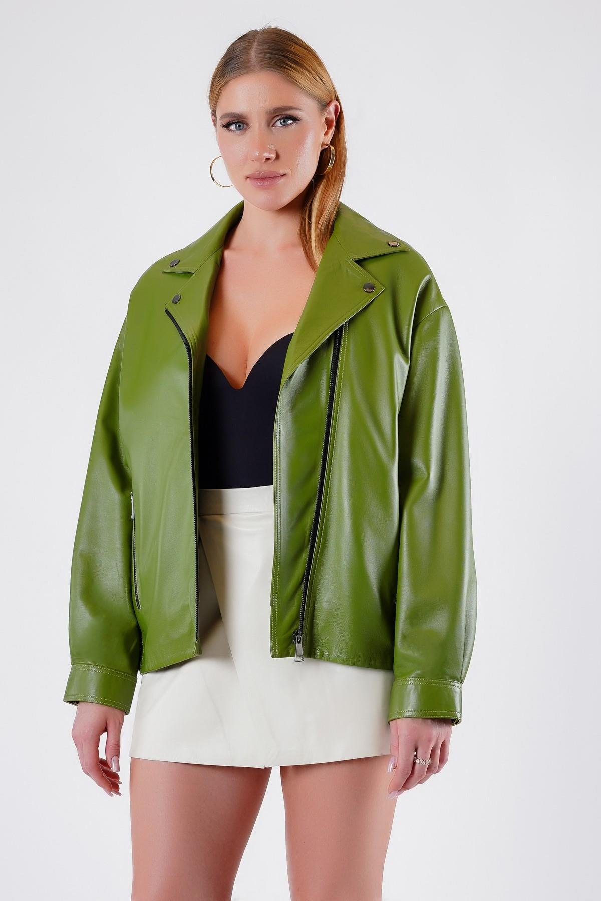 Koyu Yeşil Oversize Hakiki Deri CeketCeket