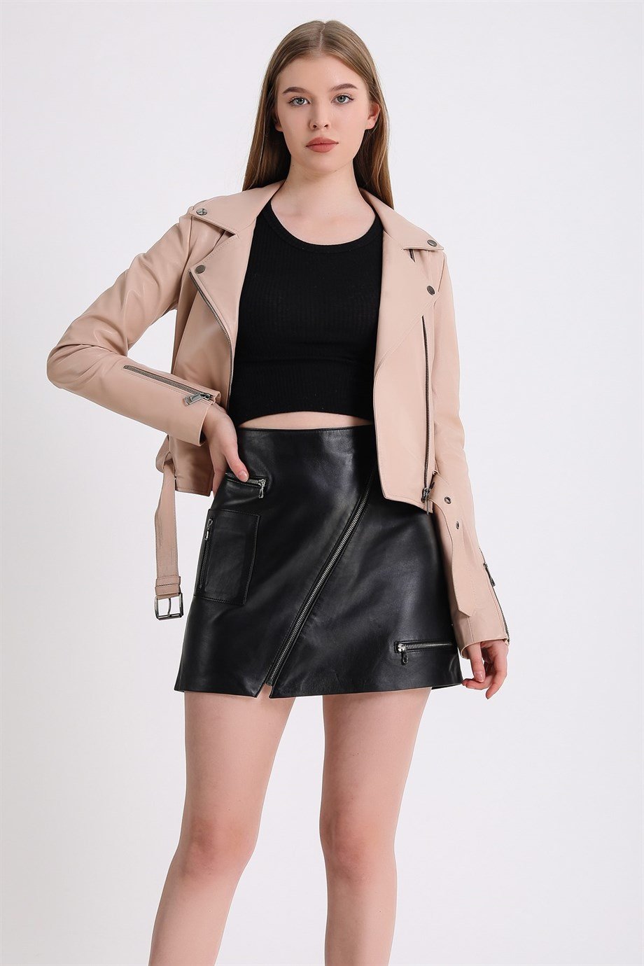 Krem Biker Deri CeketCeket