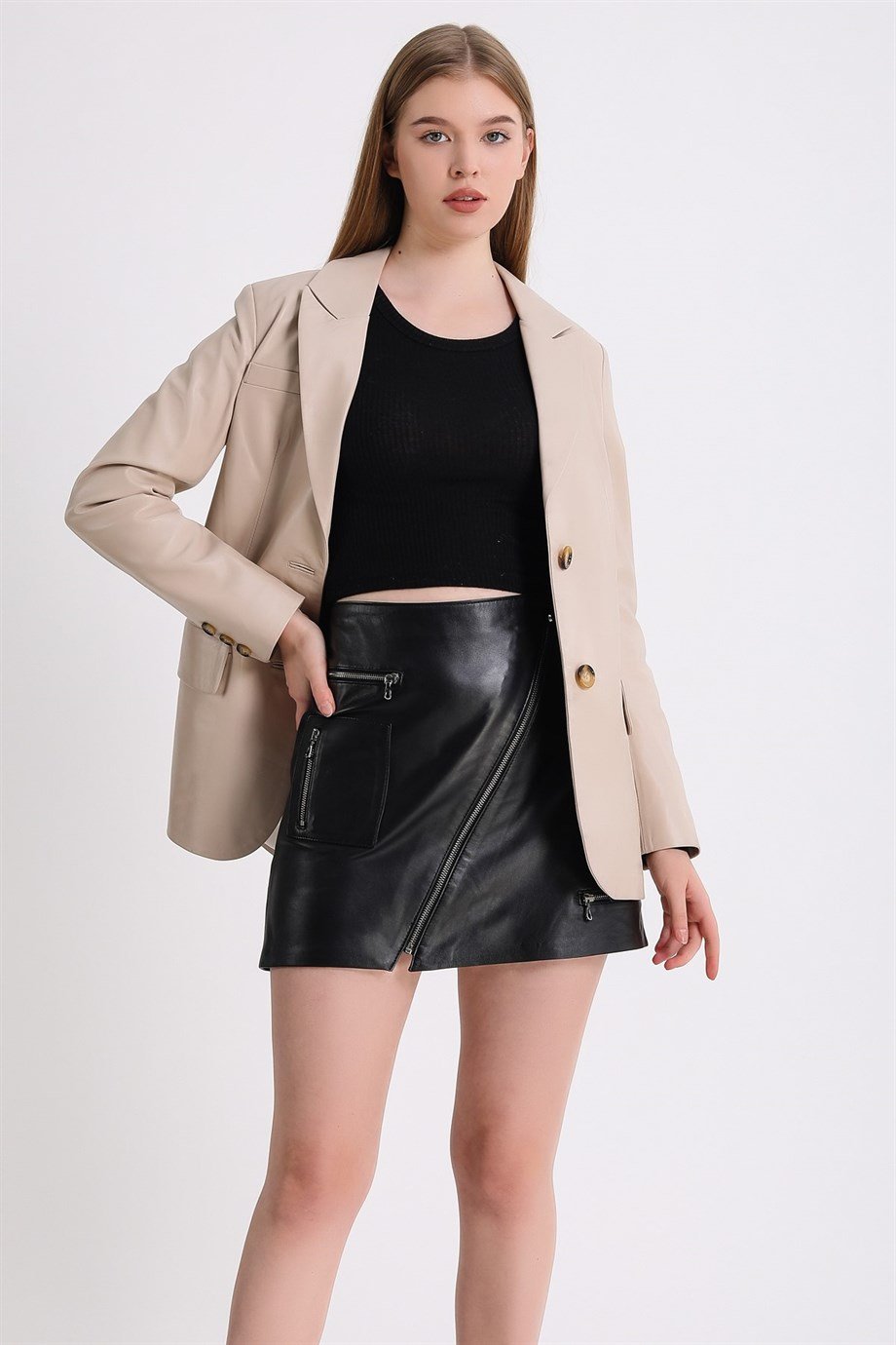 Krem Blazer Deri CeketCeket