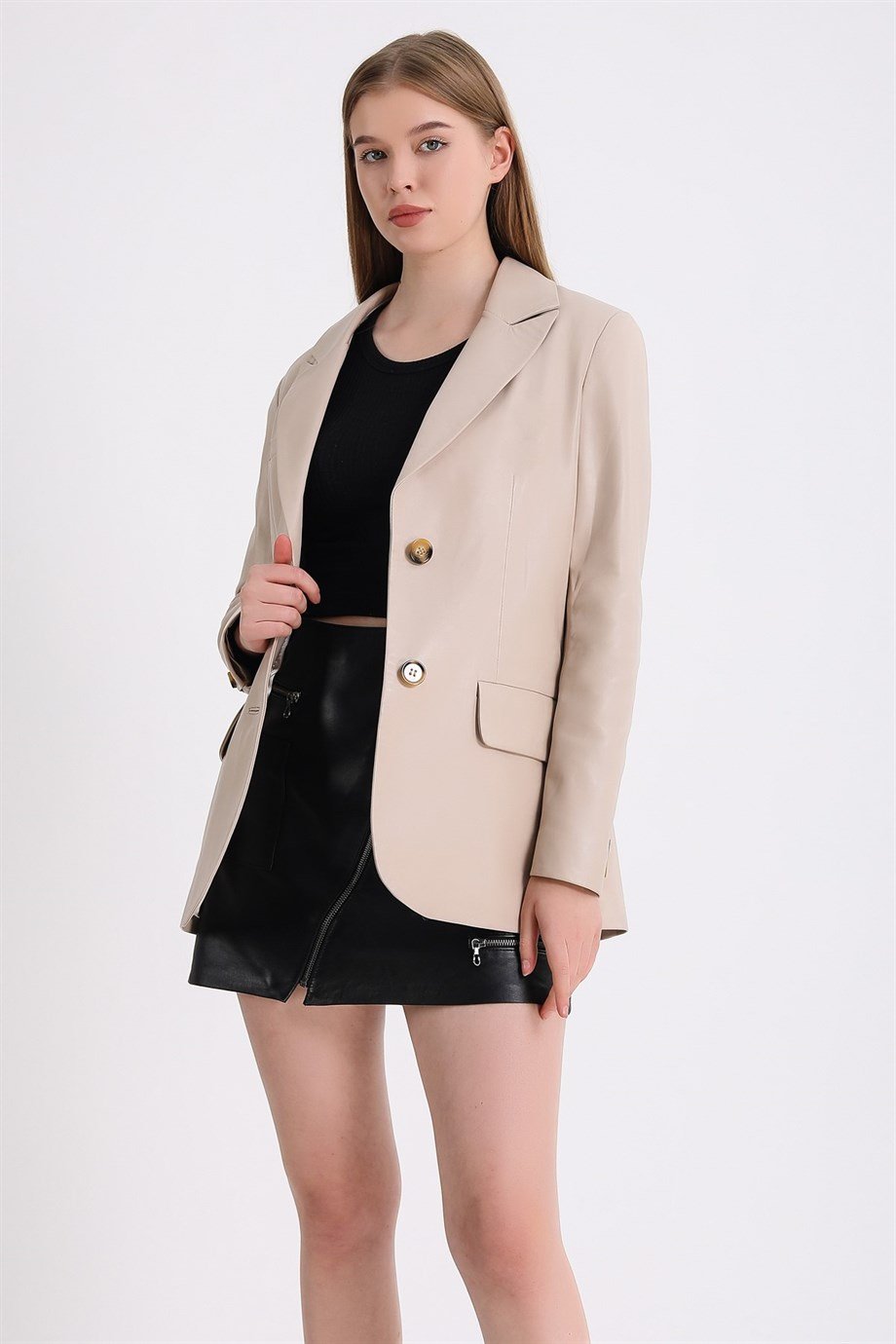 Krem Blazer Deri CeketCeket
