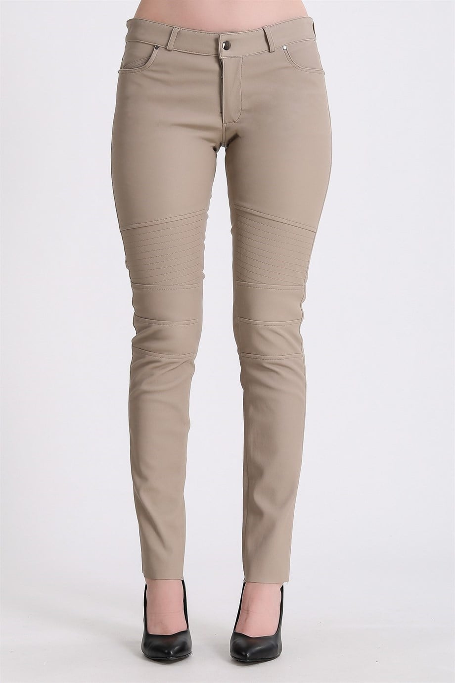 Krem Stretch Deri PantolonPantolon