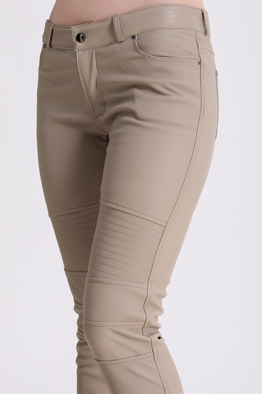 Krem Stretch Deri PantolonPantolon