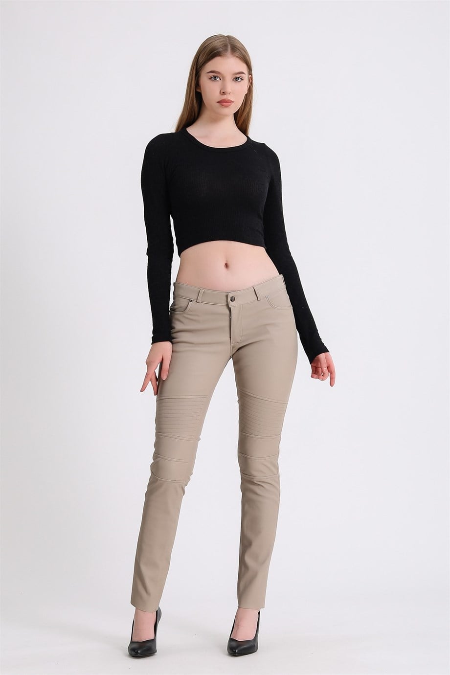 Krem Stretch Deri PantolonPantolon