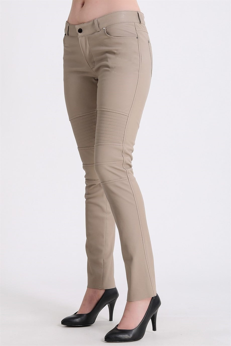 Krem Stretch Deri PantolonPantolon