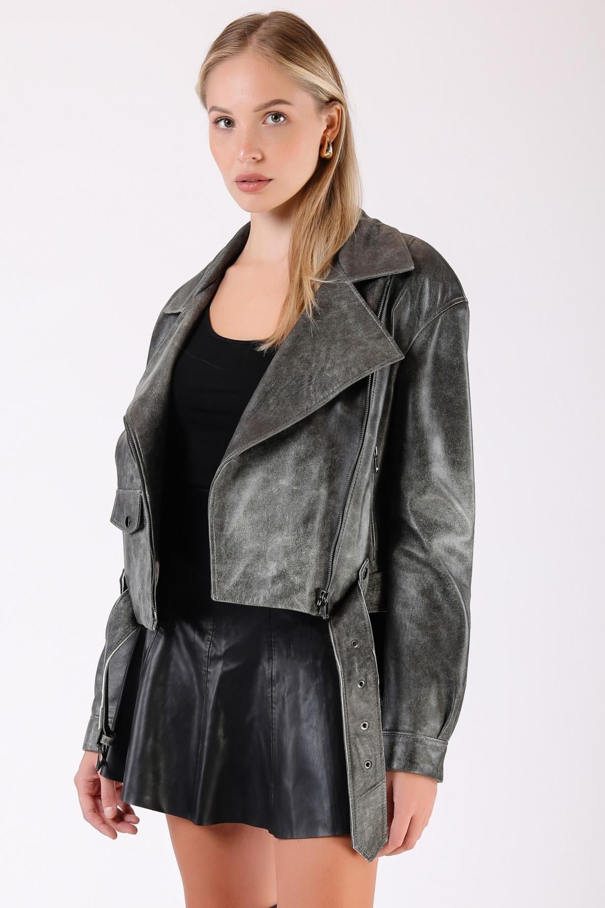 Metal Gri Oversize Hakiki Deri CeketCeket
