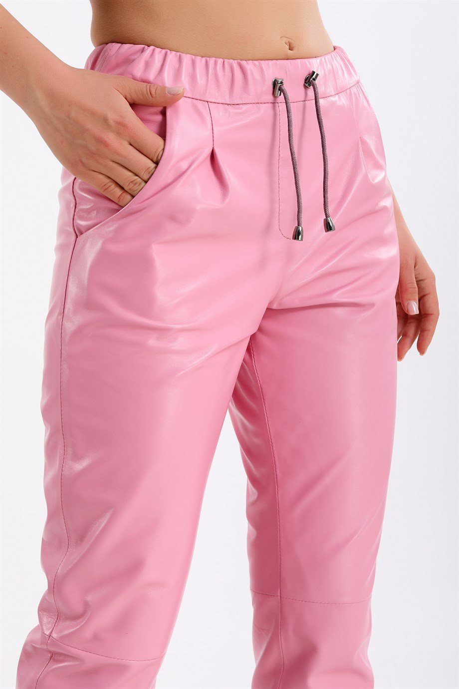 Pembe Comfort Fit Deri PantolonPantolon