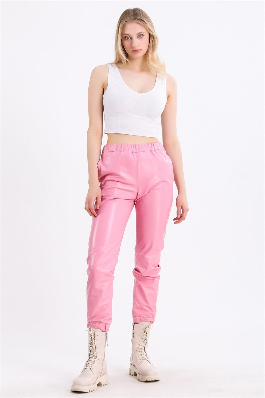 Pembe Fit Deri PantolonPantolon