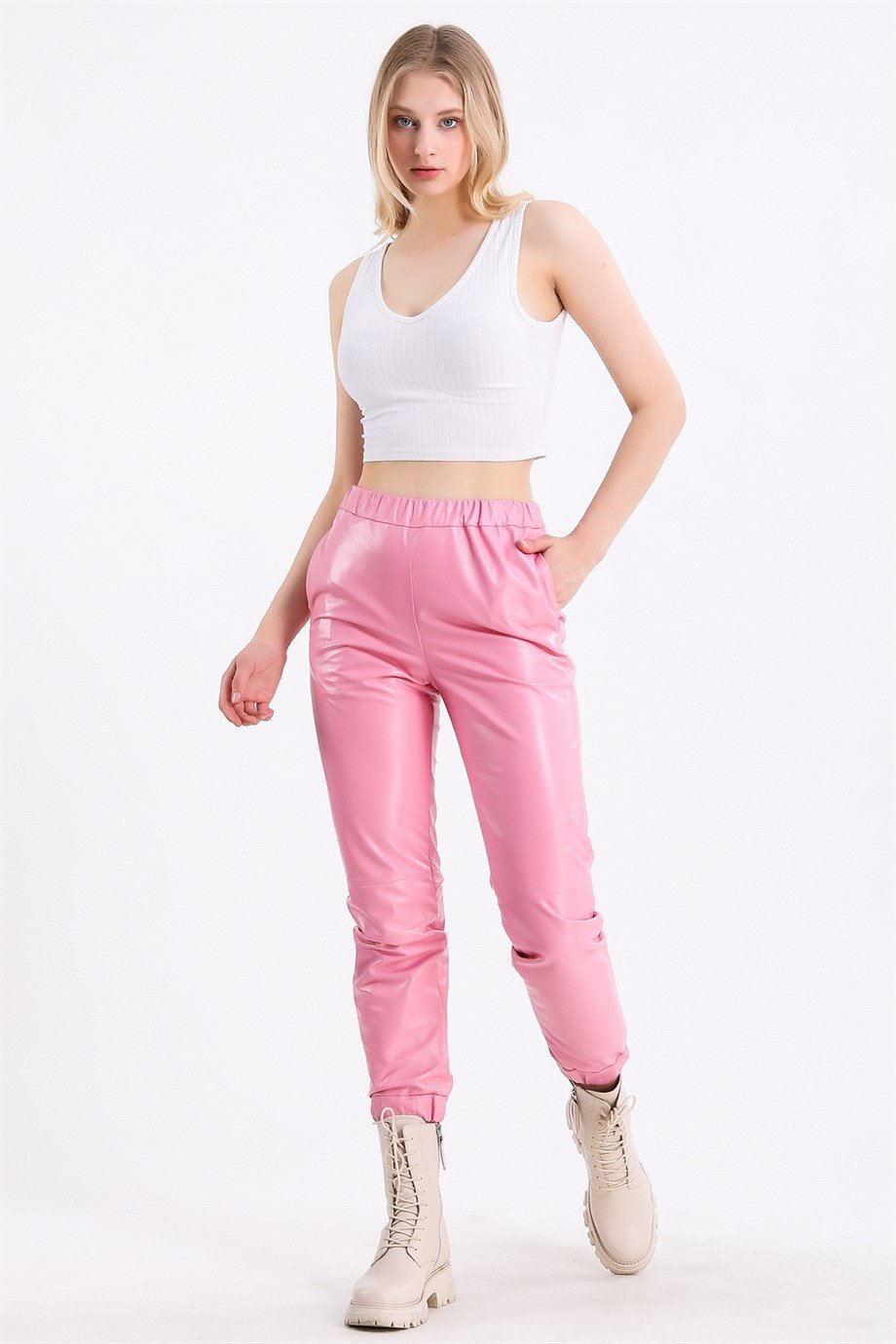 Pembe Fit Deri PantolonPantolon