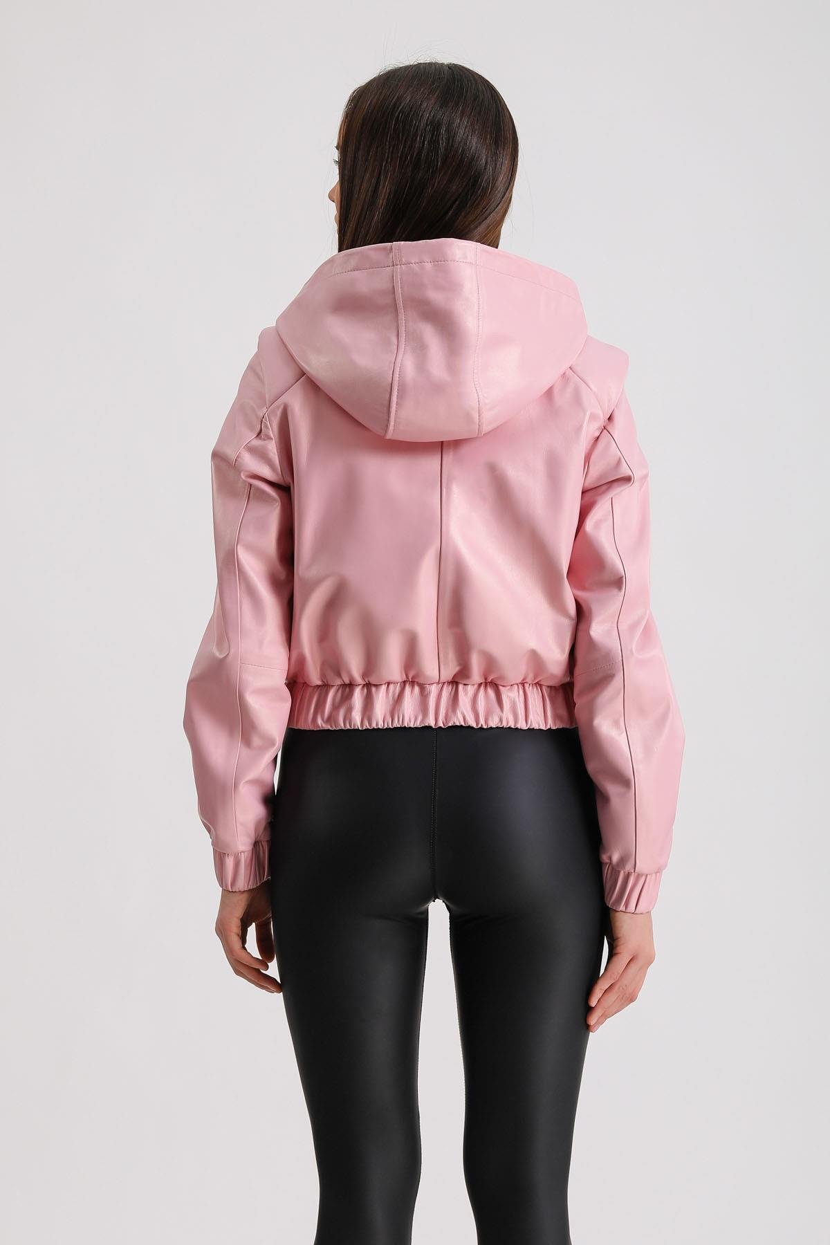 Pembe Kapüşonlu Deri MontMont