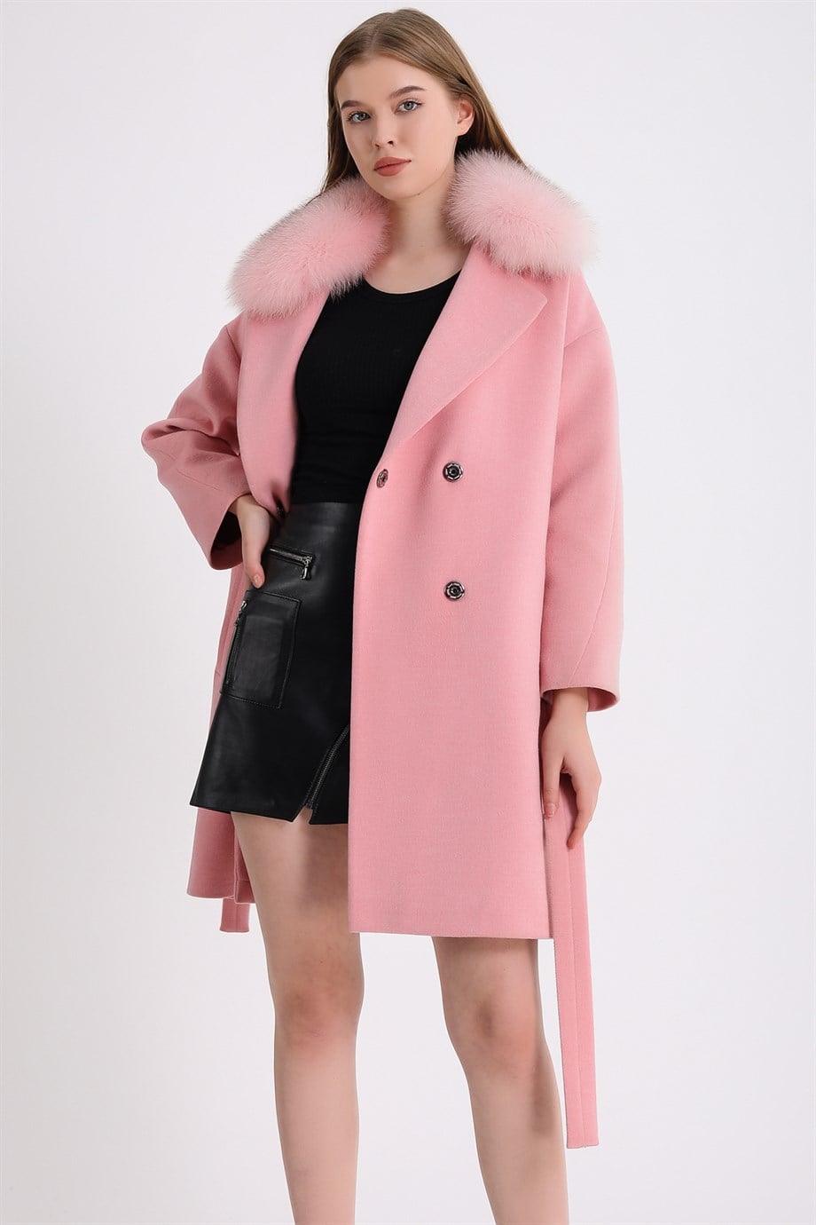 Pembe Tilki Kürk Aksesuarlı Kaşmir KabanKaban