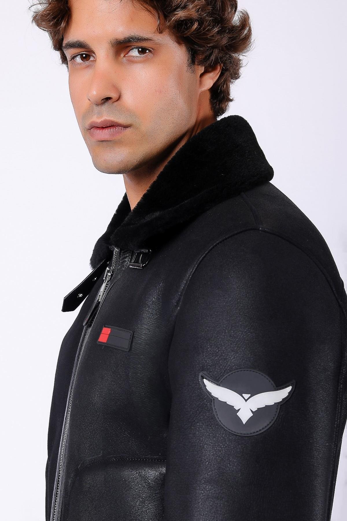 Siyah Aviator Kürk İçlikli Hakiki Deri KabanKaban