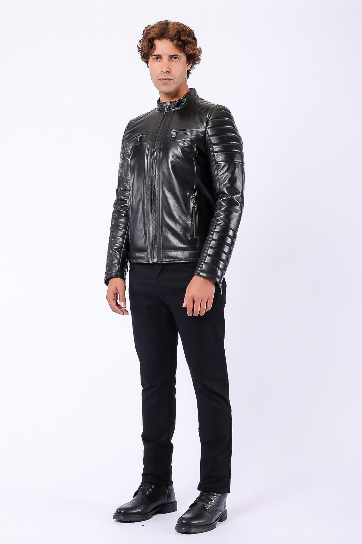 Siyah Biker Hakiki Deri CeketCeket