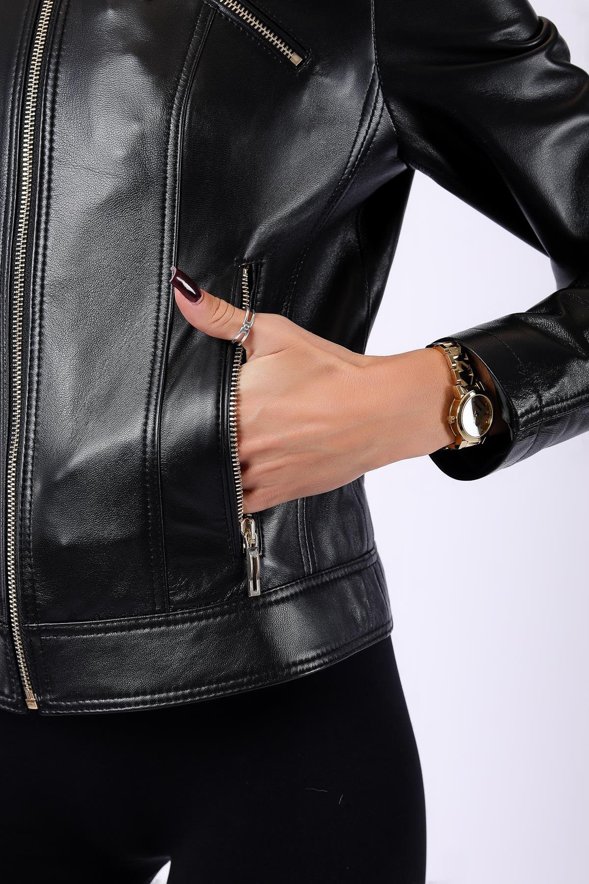 Siyah Biker Hakiki Deri CeketCeket