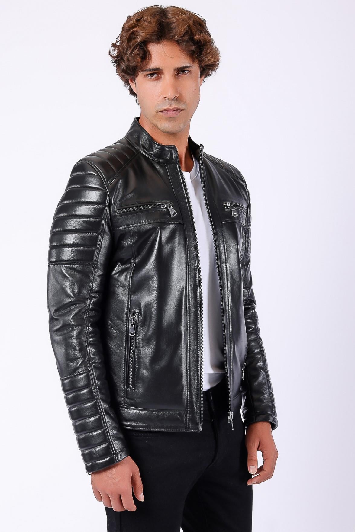 Siyah Biker Hakiki Deri CeketCeket