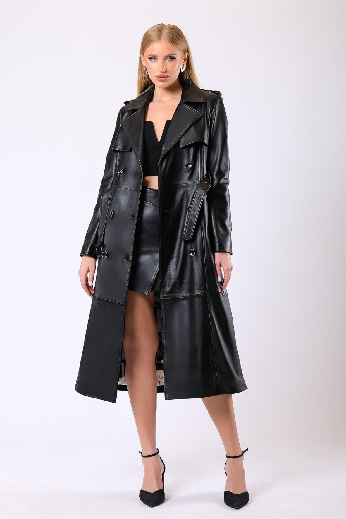 Siyah Celine Hakiki Deri Trench KabanKaban
