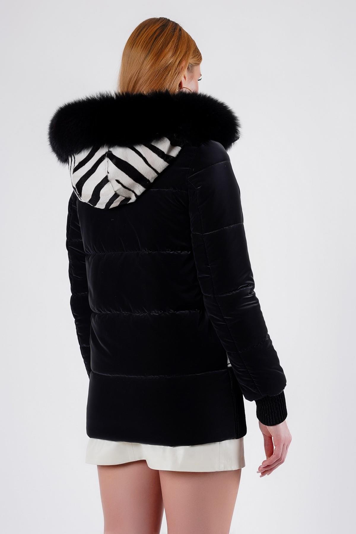 Siyah Fox Kürk Aksesuarlı Hakiki Zebra Deri Desenli Puffer MontMont