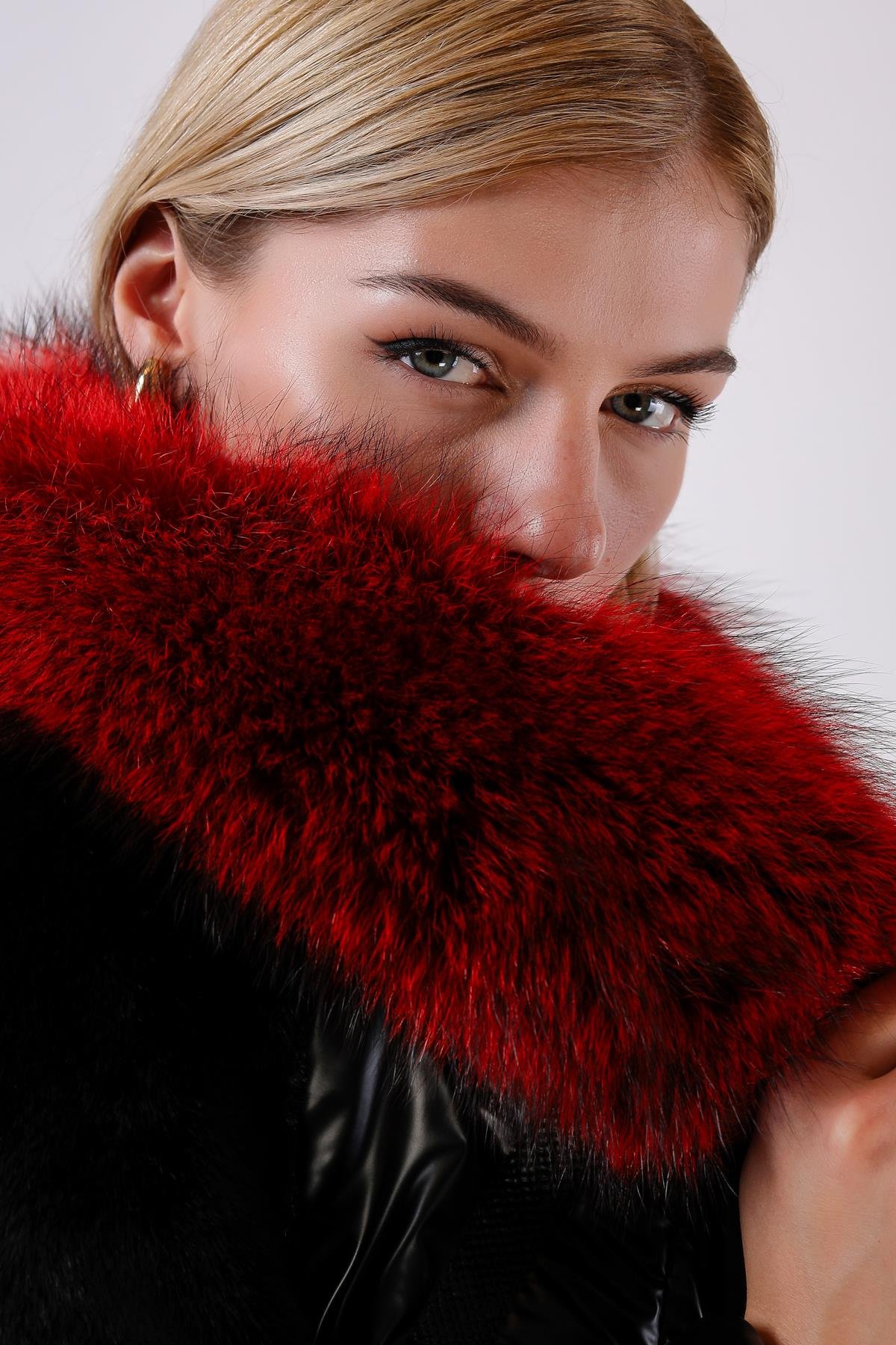 Siyah Fox Kürk Aksesuarlı Şişme Puffer KabanKaban
