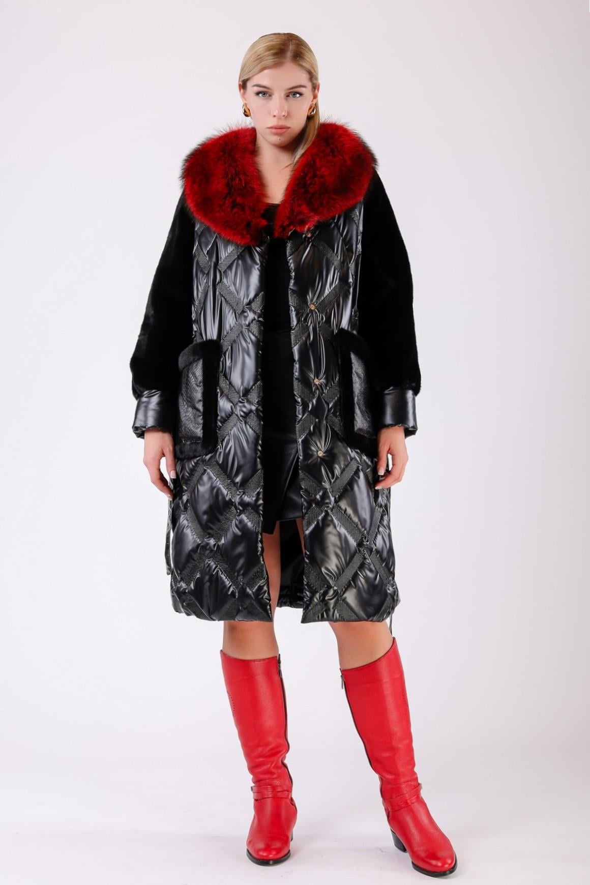 Siyah Fox Kürk Aksesuarlı Şişme Puffer KabanKaban