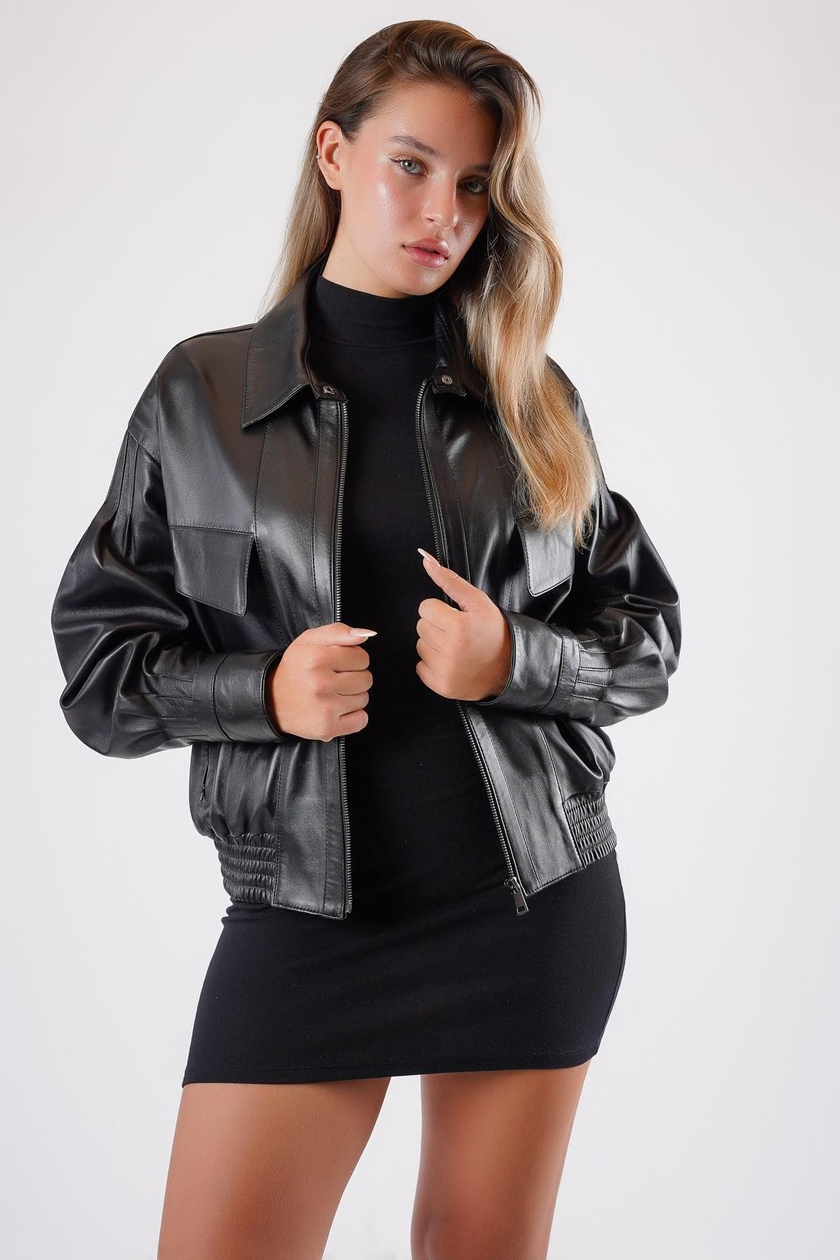 Siyah Oversize Hakiki Deri Bomber CeketCeket
