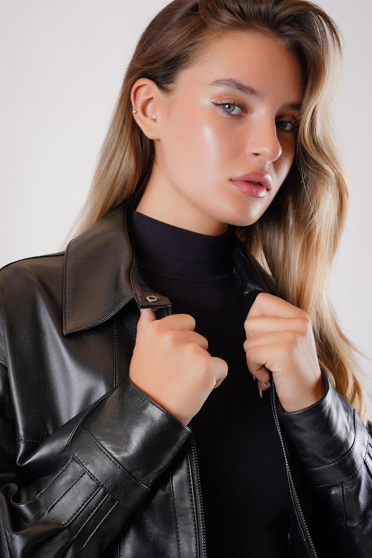 Siyah Oversize Hakiki Deri Bomber CeketCeket