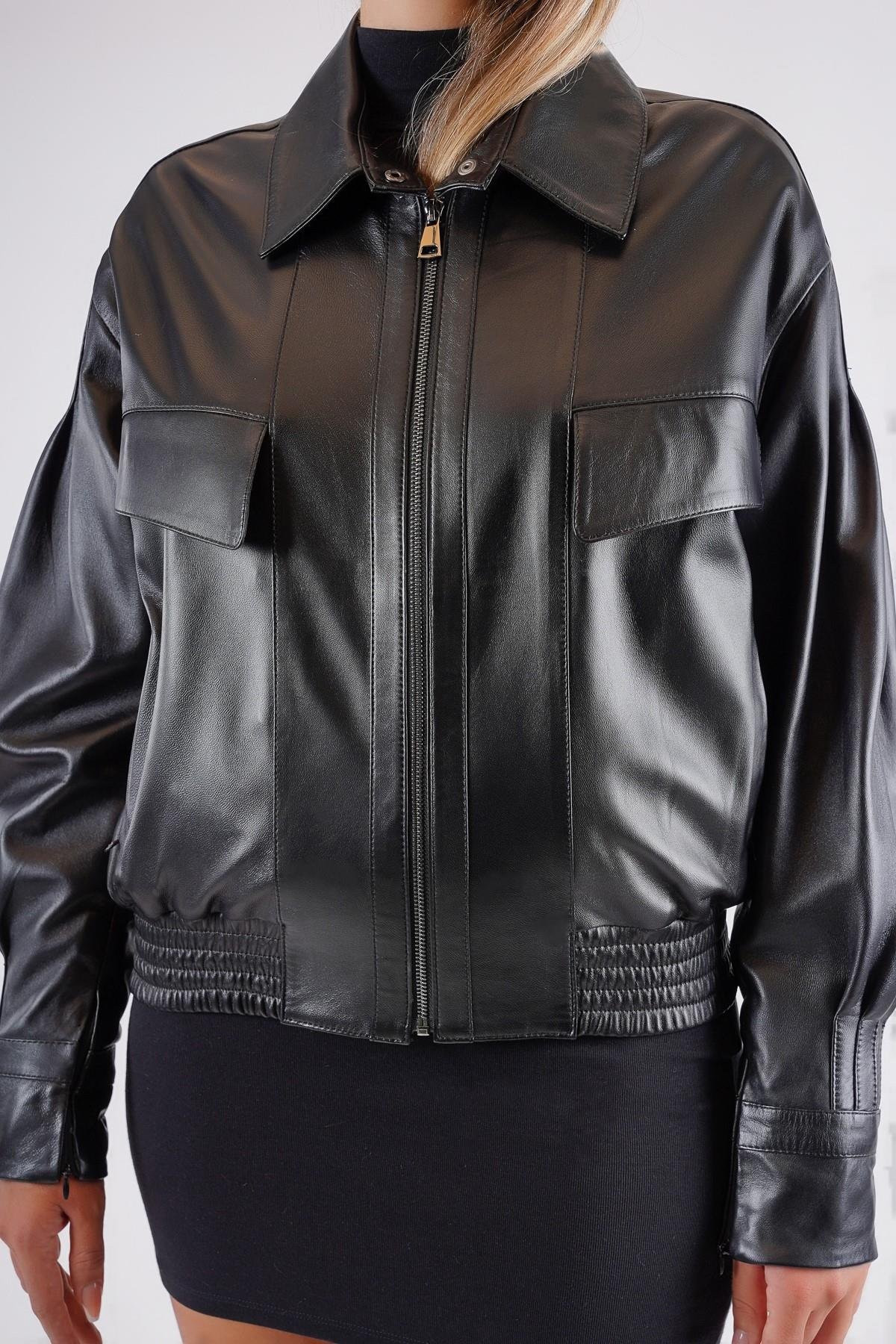 Siyah Oversize Hakiki Deri Bomber CeketCeket