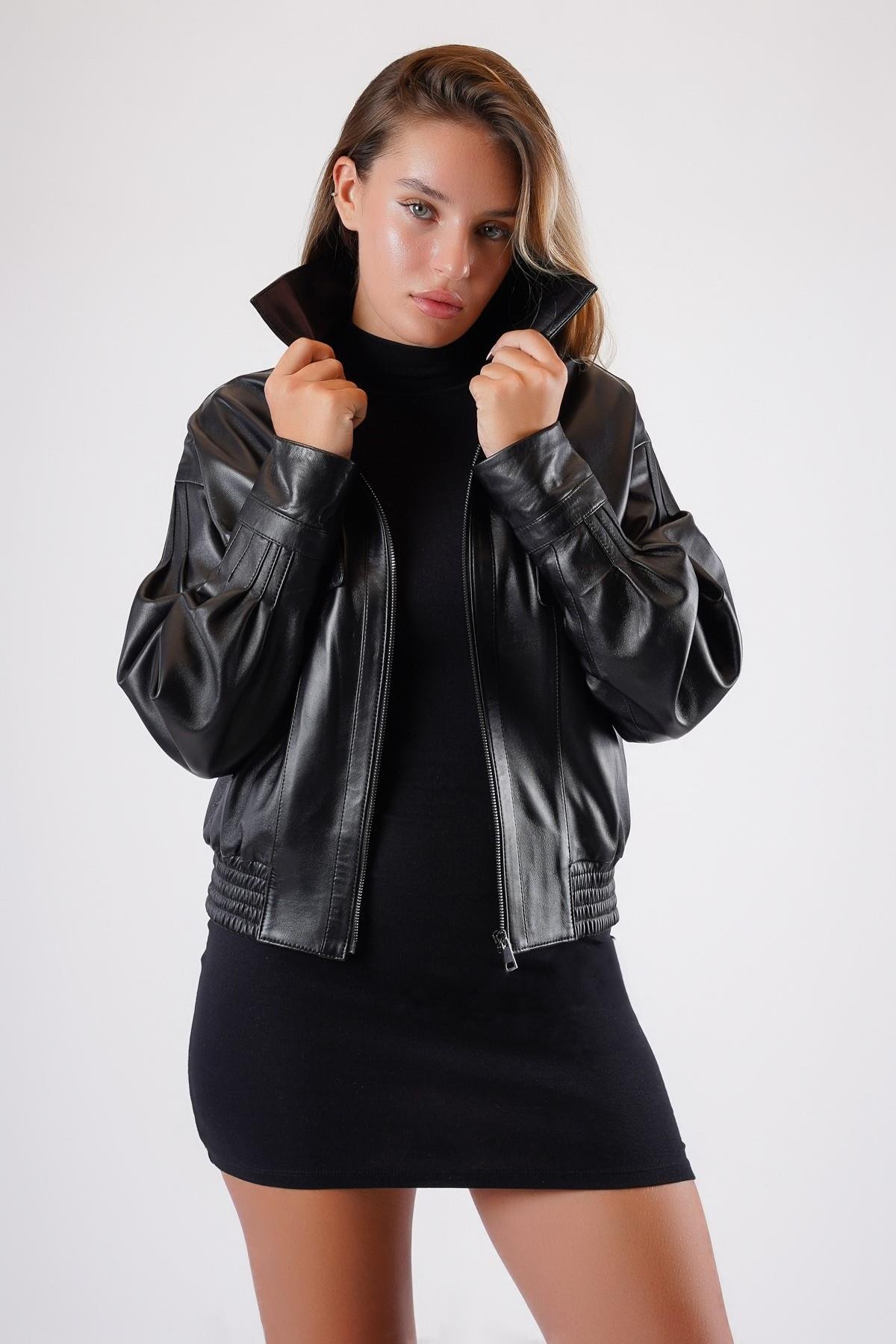Siyah Oversize Hakiki Deri Bomber CeketCeket