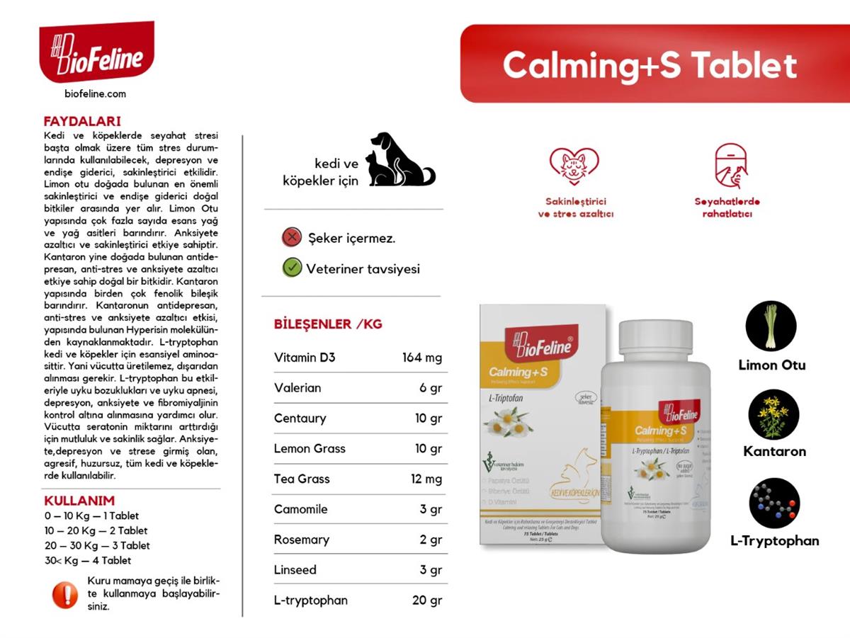 BIOFELİNECalming+S Tablet (Kedi Ve Köpekler İçin Stres Durumlarına Karşı Endişe Giderici Rahatlık Sağlayan Anti-Stres Tableti)