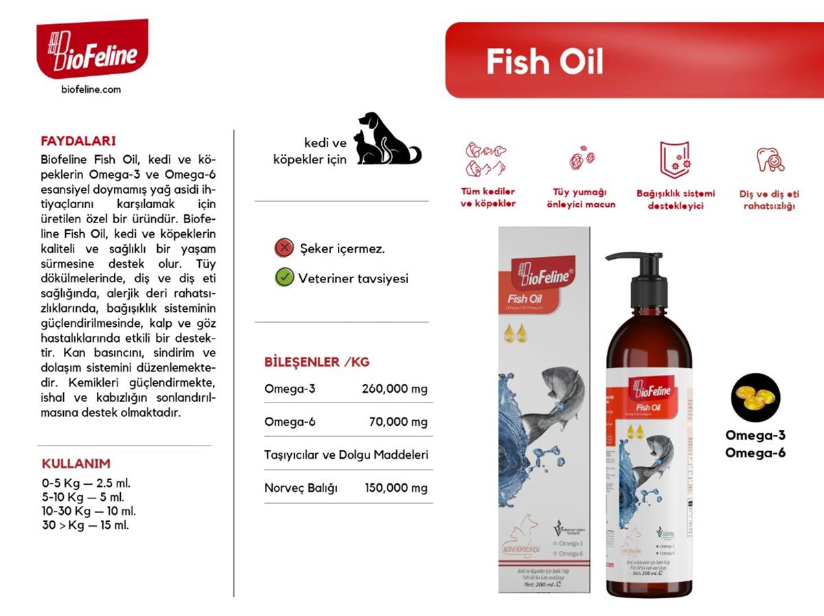 BIOFELİNEFish Oil 200ml (KEDİ VE KÖPEKLER İÇİN OMEGA 3 VE 6 İÇERİKLİ BALIK YAĞI)