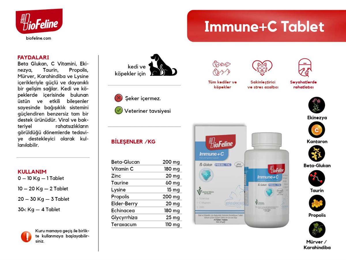 BIOFELİNEImmune+C Tablet (Kedi Ve Köpekler İçin Bağışıklık Sistemini Güçlendiren Bağışıklık Sistemi Destek Tableti)