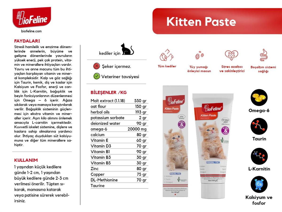 BIOFELİNEKitten Paste 100g (Yavru & Anne Kedilerde Bağışıklık Sistemi Destekleyici Ve Tüy Yumağı Önleyici Multivitamin Macun)