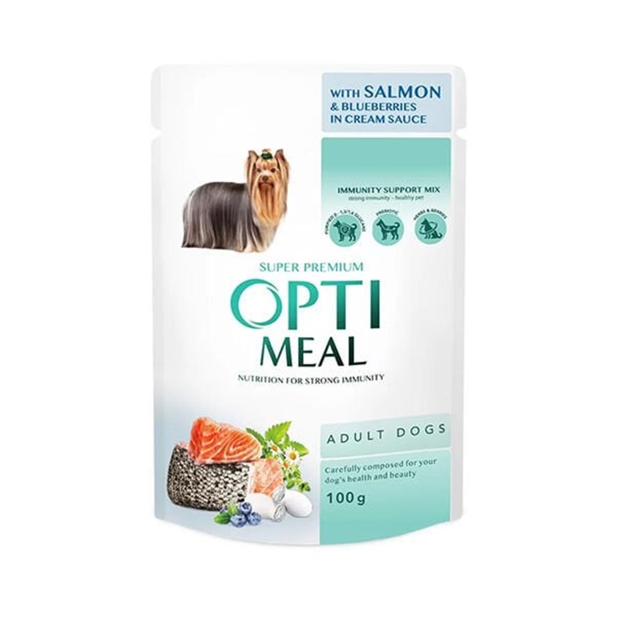 Optimeal Krema Soslu Somonlu ve Yaban Mersini Küçük Irk Konserve Yetişkin Köpek Maması 100 Gr