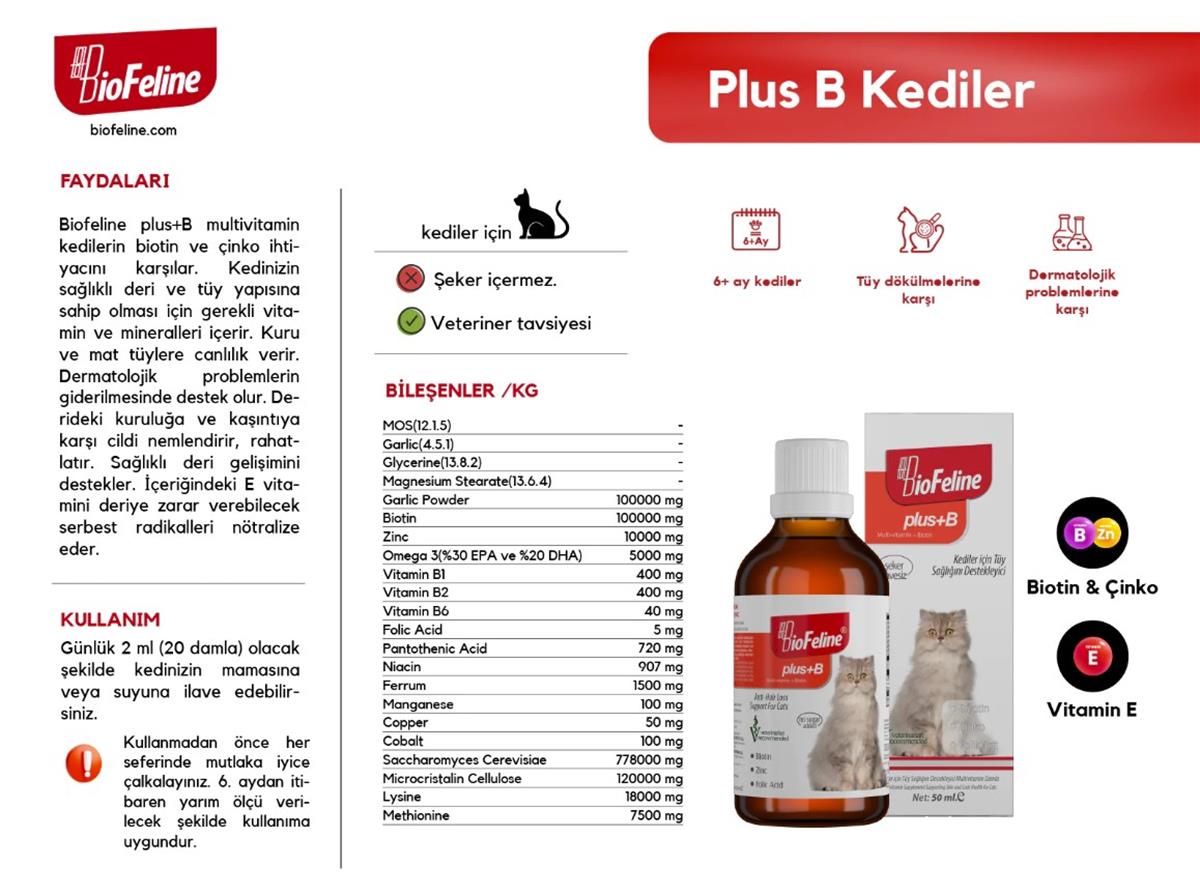 BIOFELİNEPlus+B For Cats 50ml (Kediler İçin Tüy Dökülmesi Engelleyici Biotin Tüy Sağlığı Damlası)