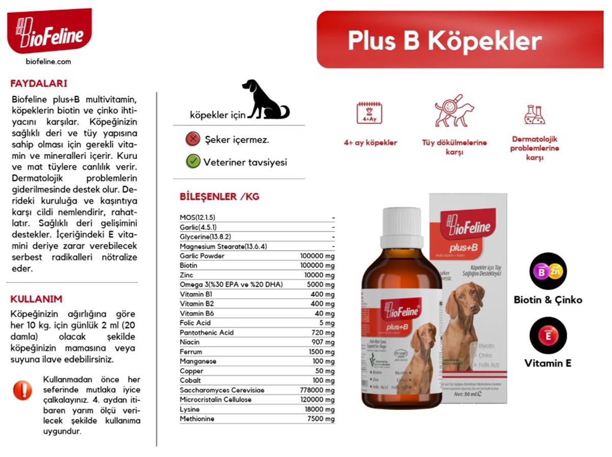 BIOFELİNEPlus+B For Dogs 50ml (Köpekler İçin Tüy Dökülmesi Engelleyici Biotin Tüy Sağlığı Damlası)