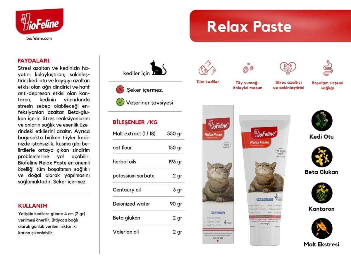 BIOFELİNERelax Paste 100g (Kediler İçin Strese Karşı Günlük Rahatlık Sağlayan Sakinleştirici Macun)