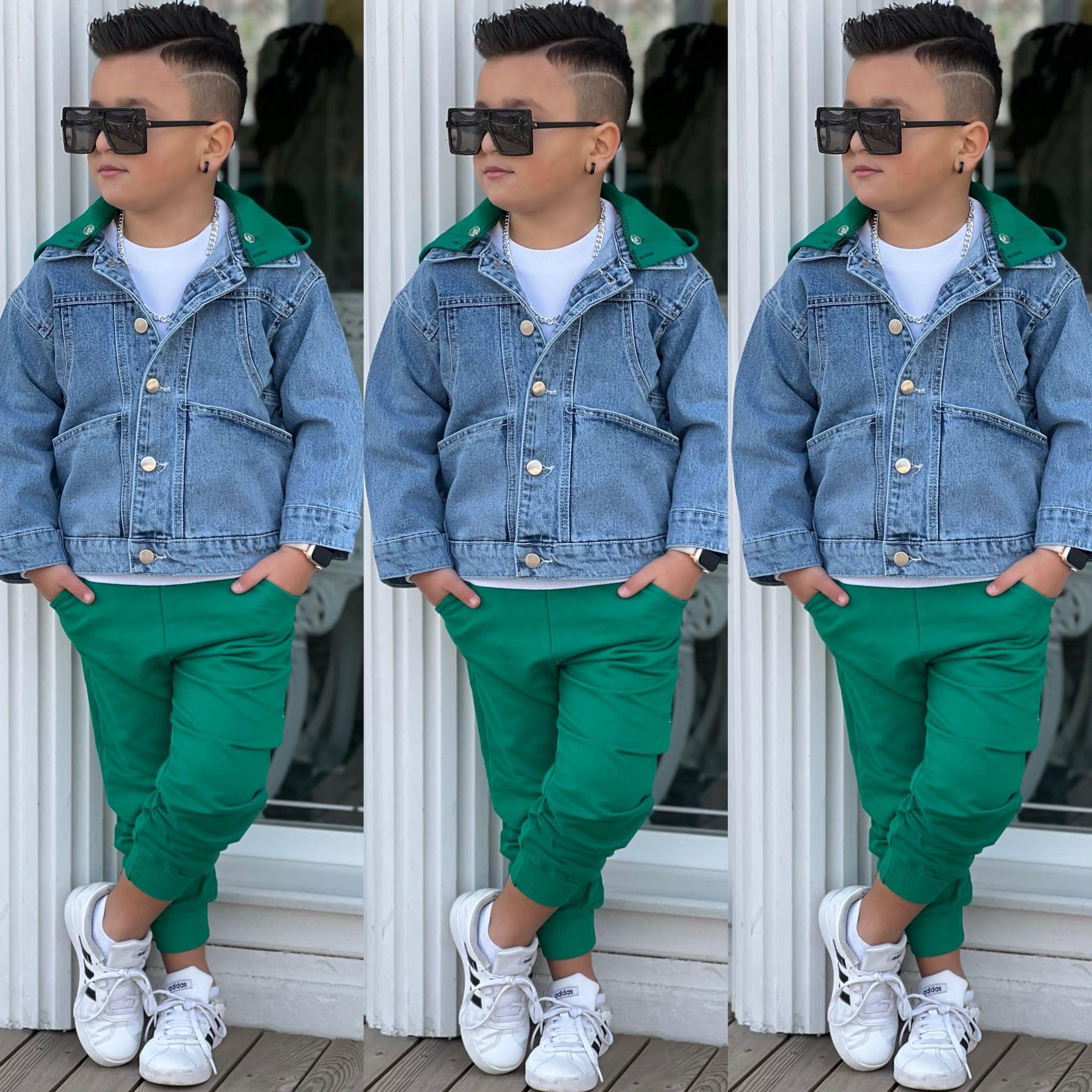 Erkek Çocuk Kot Ceketli Spor Tarz Takım Yeşil-Erkek Çocuk Alt Üst Takım-Bebegimindolabinda.com