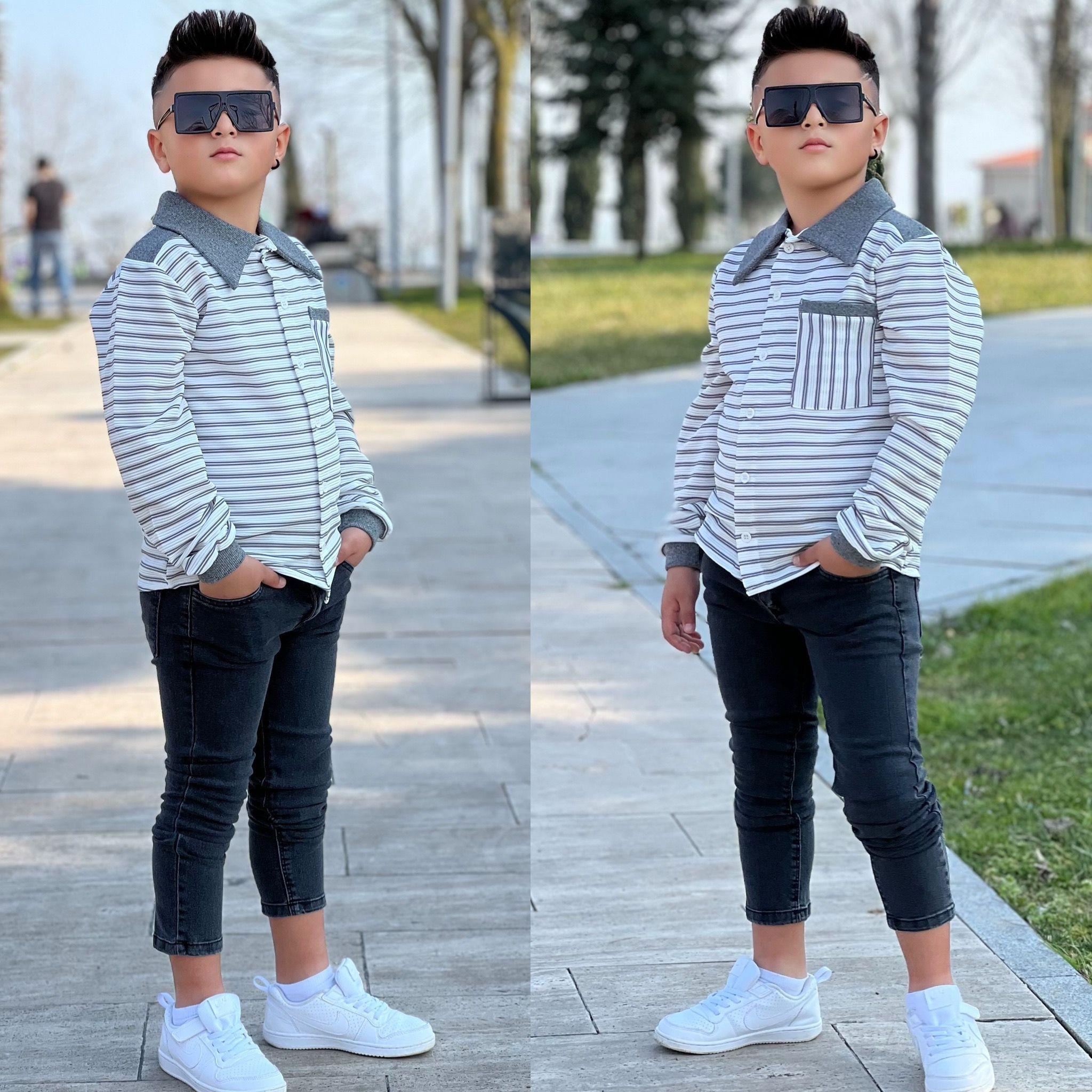 Erkek Çocuk Kot Pantolonlu Gömlekli Gri Takım-Erkek Çocuk Alt Üst Takım-Bebegimindolabinda.com