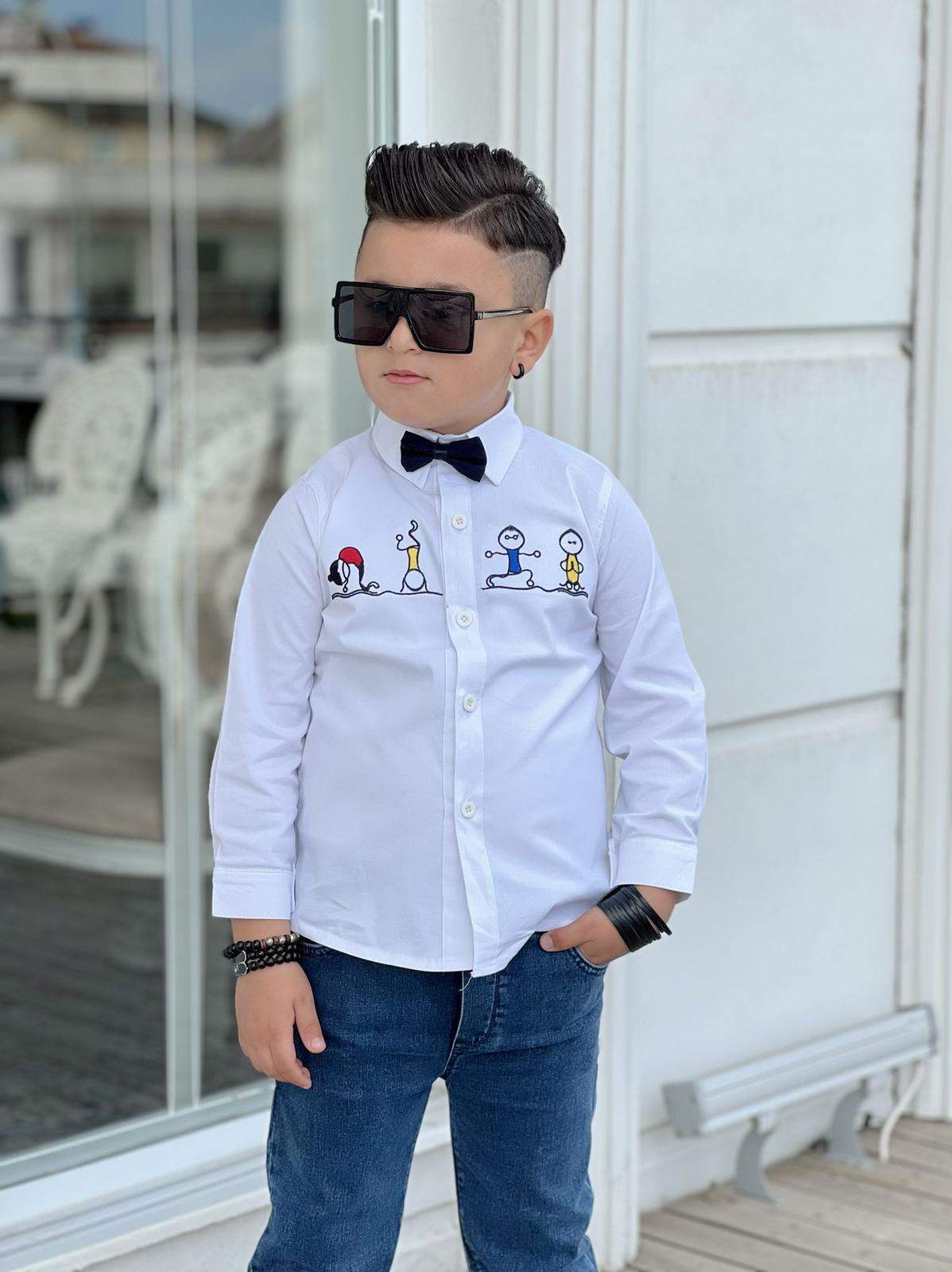 Erkek Çocuk Mikili Nakışlı Gömlekli Takım-Erkek Çocuk Alt Üst Takım-Bebegimindolabinda.com