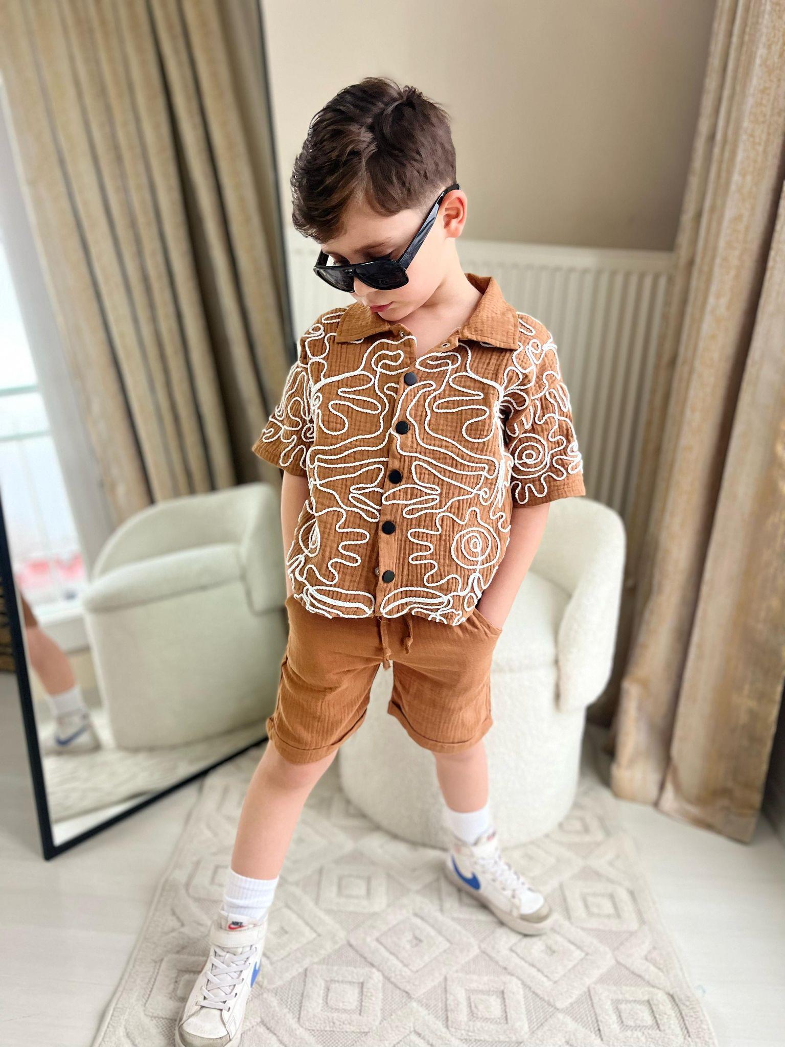 Erkek Çocuk Şortlu Müslin Alt Üst Takım Kahve Renk-Erkek Çocuk Alt Üst Takım-Bebegimindolabinda.com