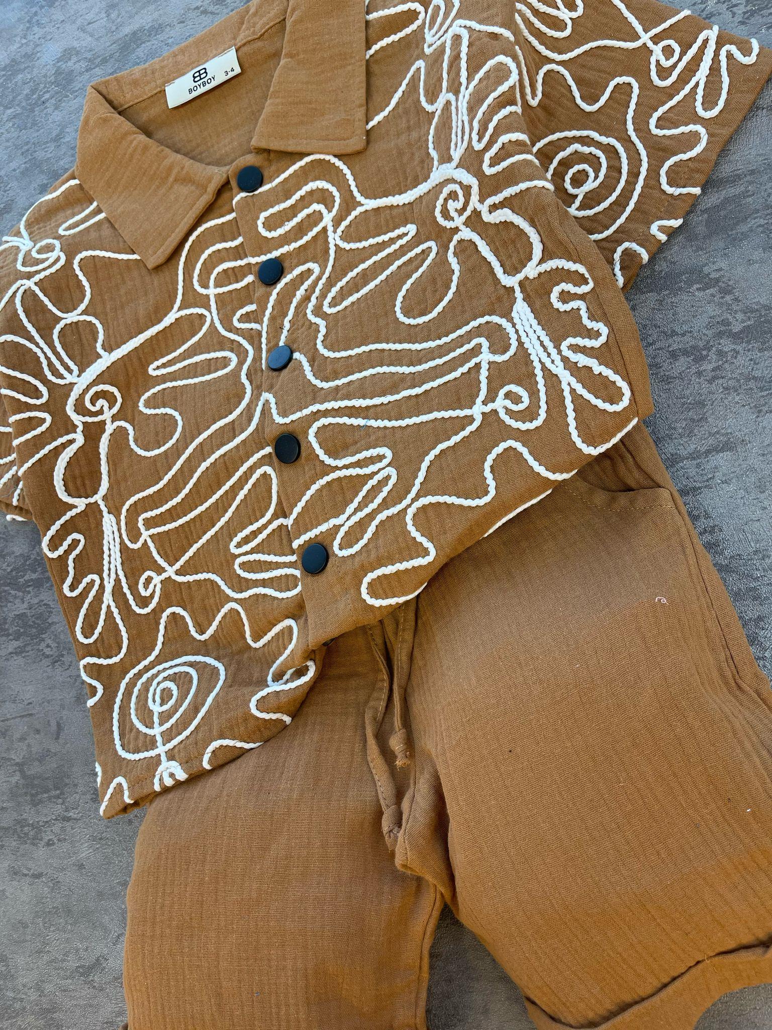 Erkek Çocuk Şortlu Müslin Alt Üst Takım Kahve Renk-Erkek Çocuk Alt Üst Takım-Bebegimindolabinda.com