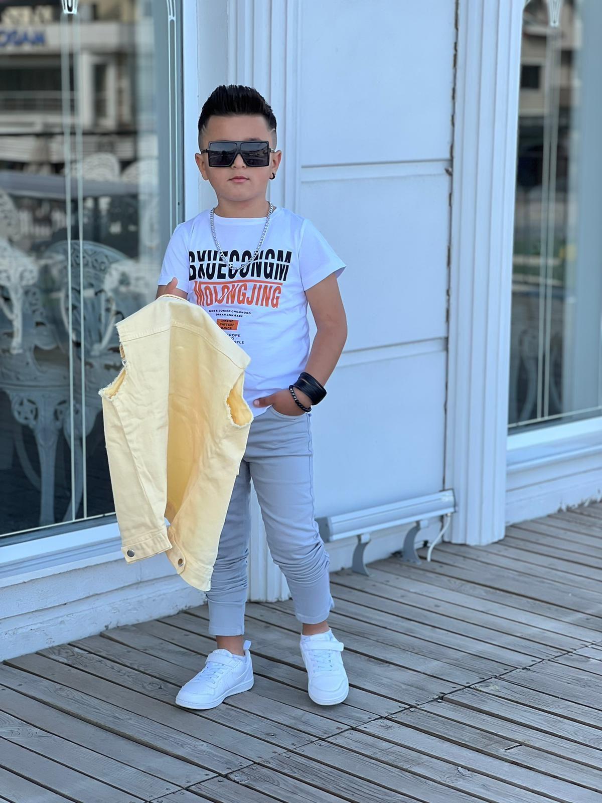 Erkek Çocuk Tasarım Thisirtlü Kot Yelekli Takım Sarı-Erkek Çocuk Alt Üst Takım-Bebegimindolabinda.com