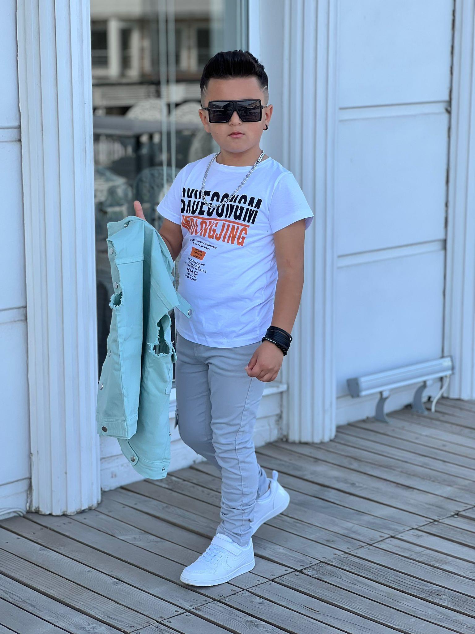Erkek Çocuk Tasarım Thisirtlü Kot Yelekli Takım Yeşil-Erkek Çocuk Alt Üst Takım-Bebegimindolabinda.com