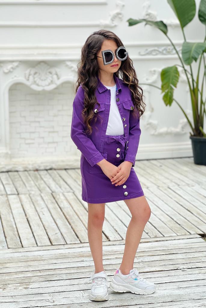 Kız Çocuk 2 li Gabardin Etekli Takım Mor-Kız Çocuk Alt Üst Takım-Bebegimindolabinda.com