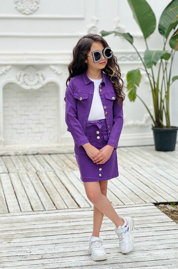 Kız Çocuk 2 li Gabardin Etekli Takım Mor-Kız Çocuk Alt Üst Takım-Bebegimindolabinda.com