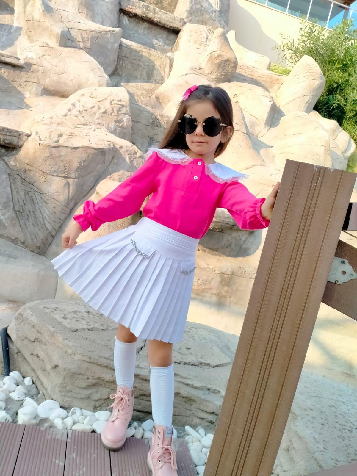Kız Çocuk 2 li pileli Etekli Gömlekli Takım Fuşya Pembe-Kız Çocuk Alt Üst Takım-Bebegimindolabinda.com