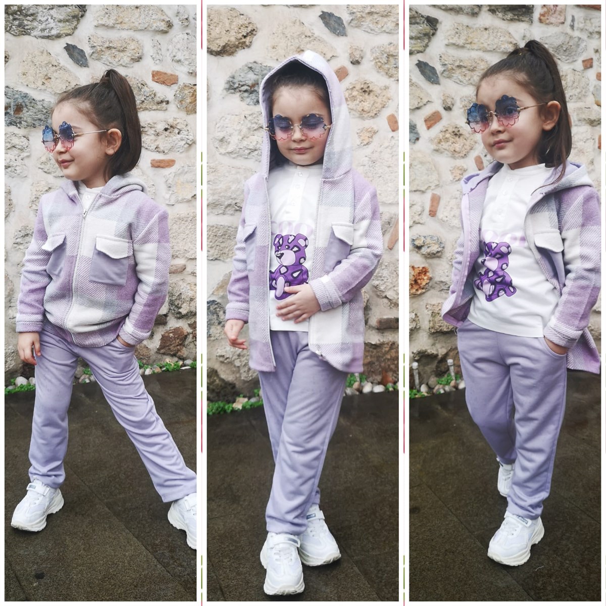Kız Çocuk 3'lü İki İp Ekose Gömlekli Takım Lila-Kız Çocuk Alt Üst Takım-Bebegimindolabinda.com