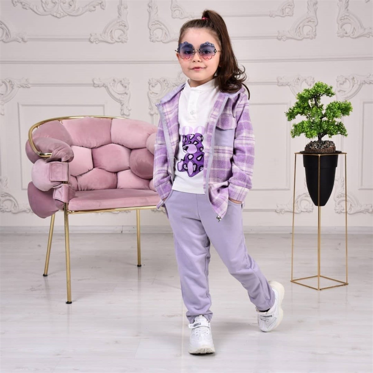 Kız Çocuk 3'lü İki İp Ekose Gömlekli Takım Lila-Kız Çocuk Alt Üst Takım-Bebegimindolabinda.com