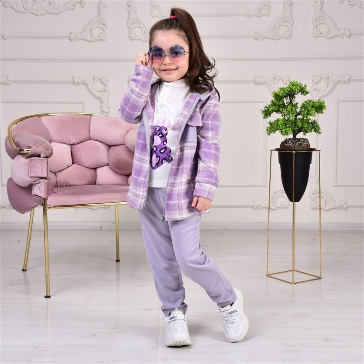 Kız Çocuk 3'lü İki İp Ekose Gömlekli Takım Lila-Kız Çocuk Alt Üst Takım-Bebegimindolabinda.com