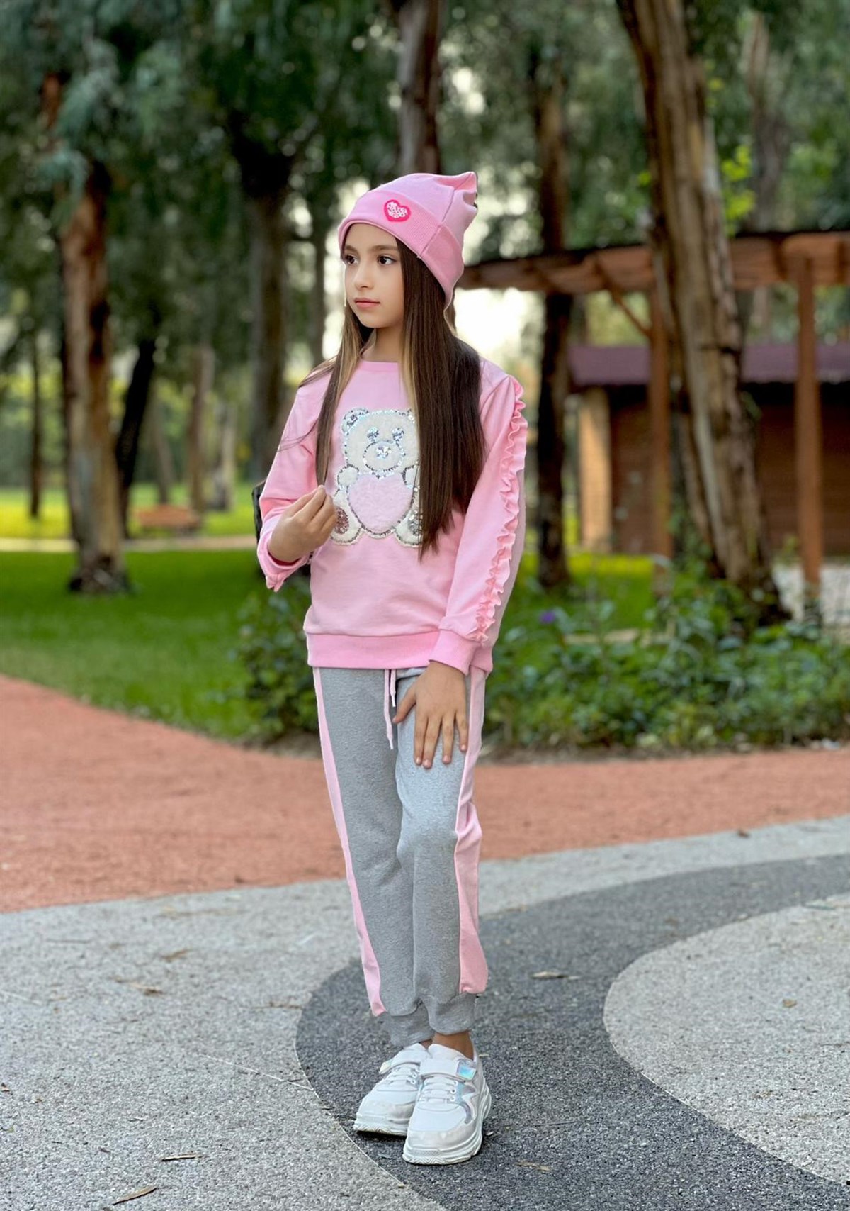 Kız Çocuk Ayıcıklı 2'li Eşofman Takımı Pembe-Kız Çocuk Alt Üst Takım-Bebegimindolabinda.com