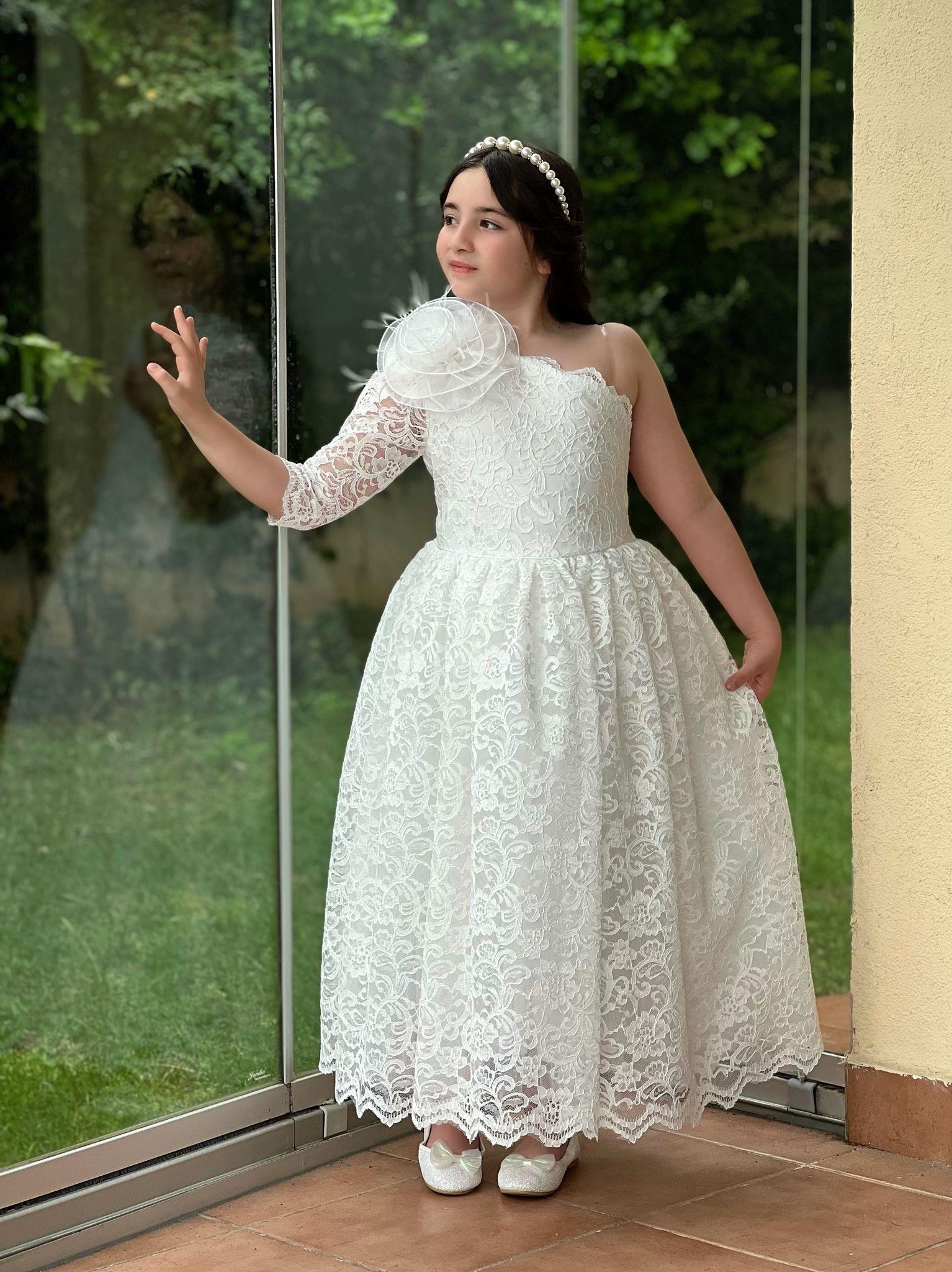 Kız Çocuk Beyaz Güpür Elbise Abiye-Kız Çocuk Elbise-Bebegimindolabinda.com